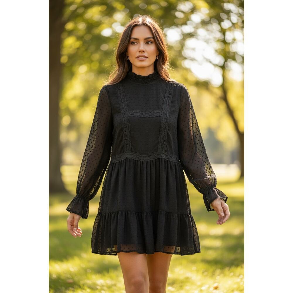 HYFVE Black Swiss Dot Ruffle Mini Dress Long Sleeve Boho Dress Size Medium